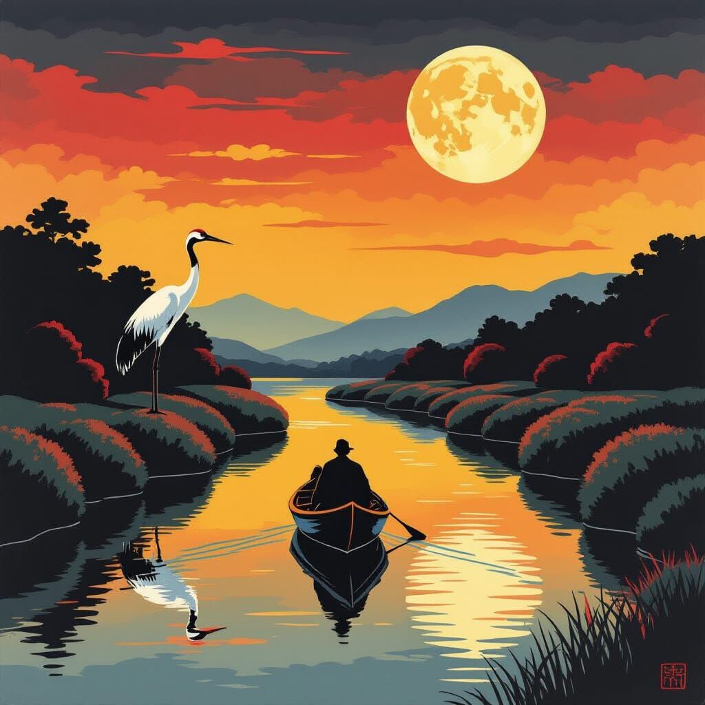 Japanese Boat on River in Hokusai Style