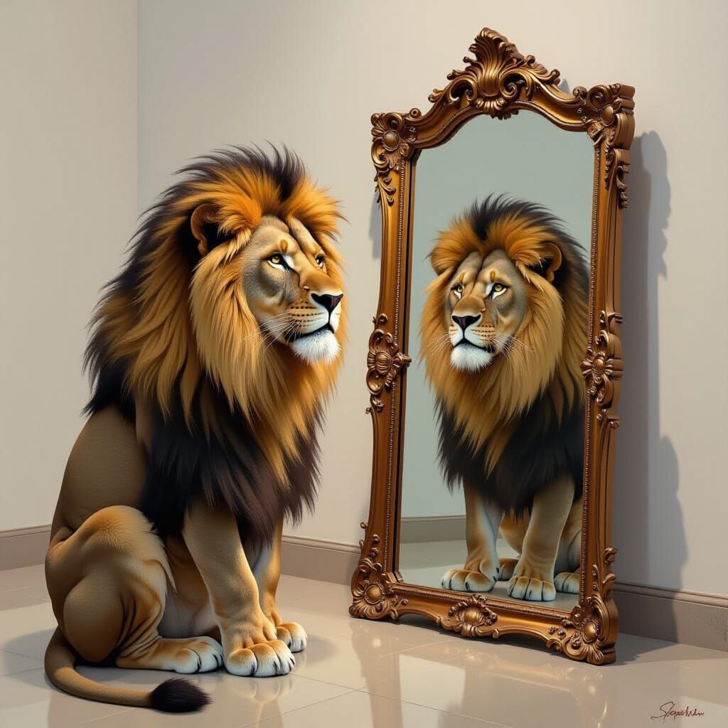 Lion Gazing at Cub Reflection in Realist Style