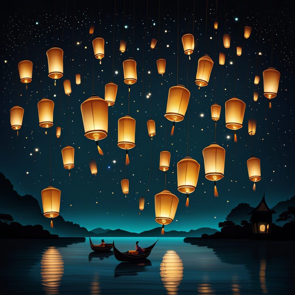 Floating Lanterns Ascend to Starry Night Sky