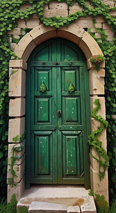 Ancient Vine-Covered Door in Greece