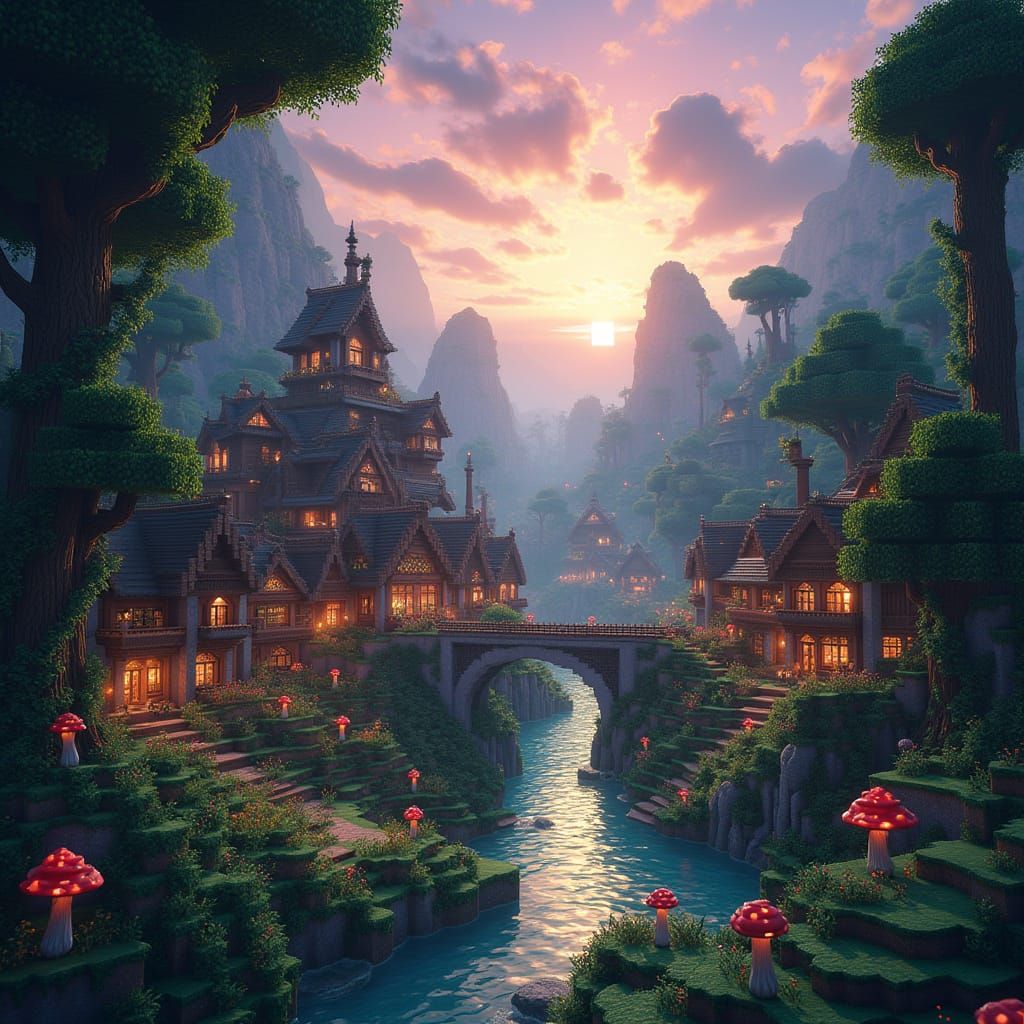 Mystical Minecraft Village Under Dusk