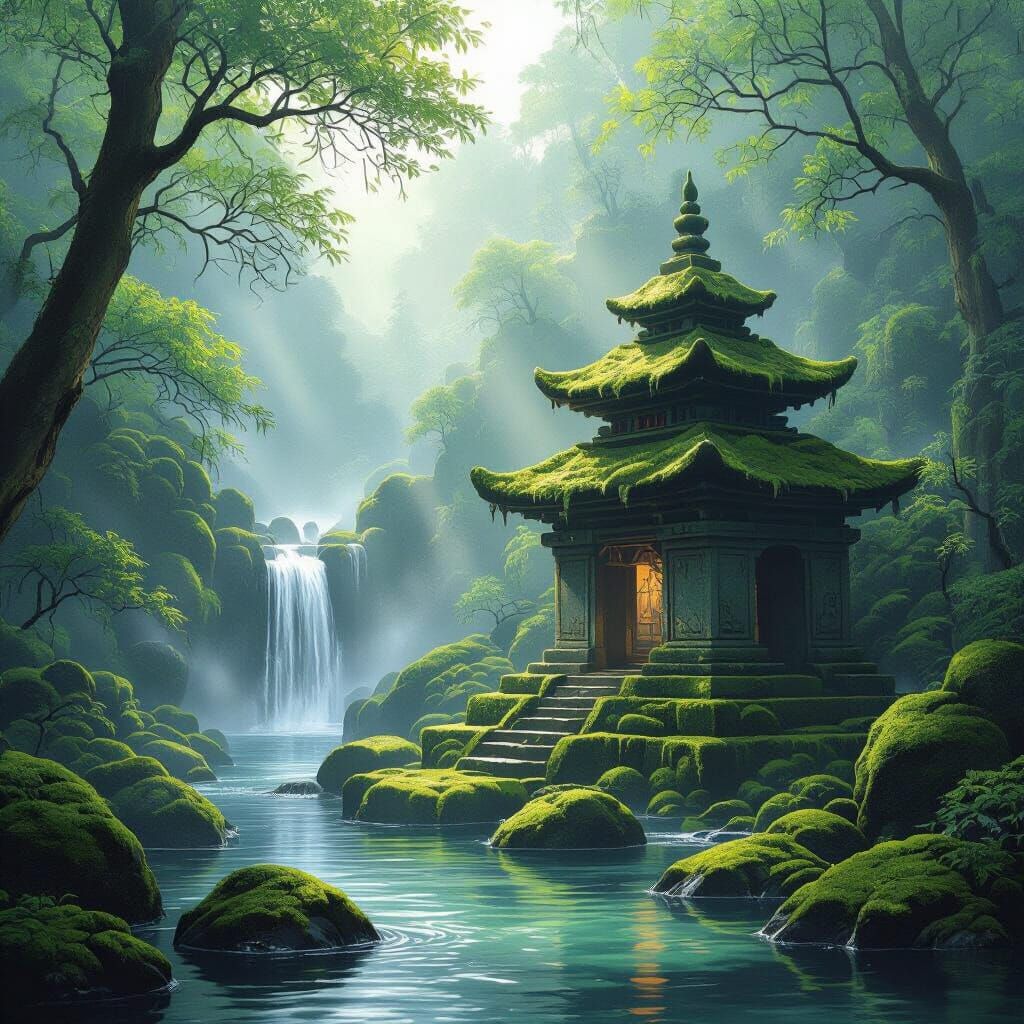 Ancient Temple in Misty Valley