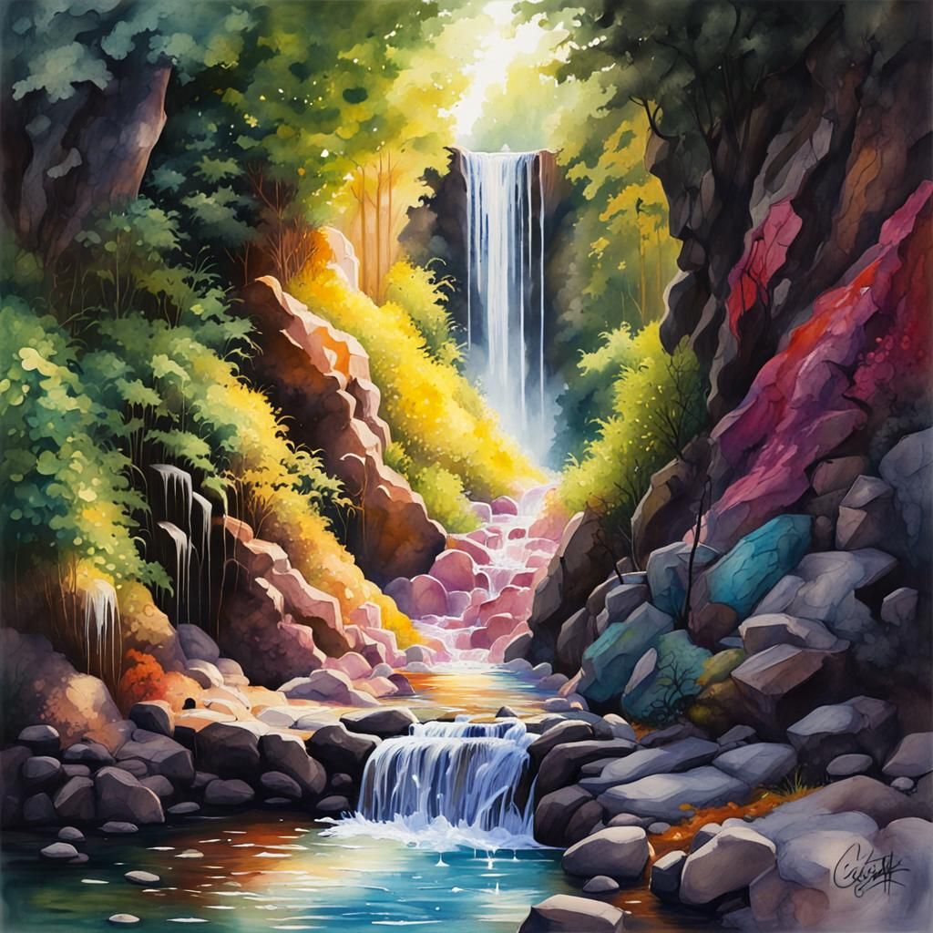 Realistic, waterfall into a small stream, bright colors, sun...