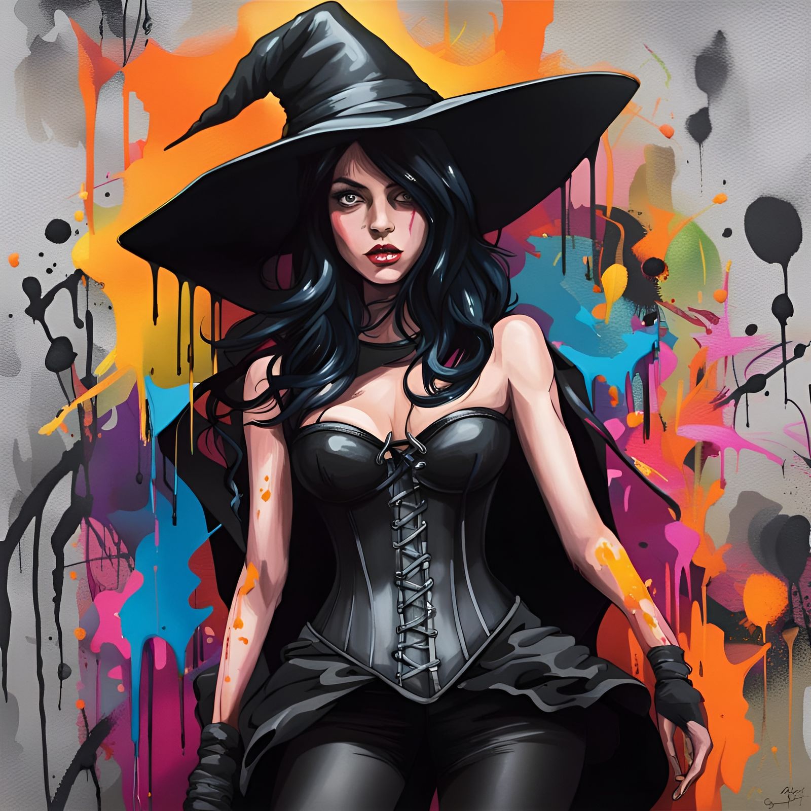 Girl with Witch Hat in Graffiti Art Style