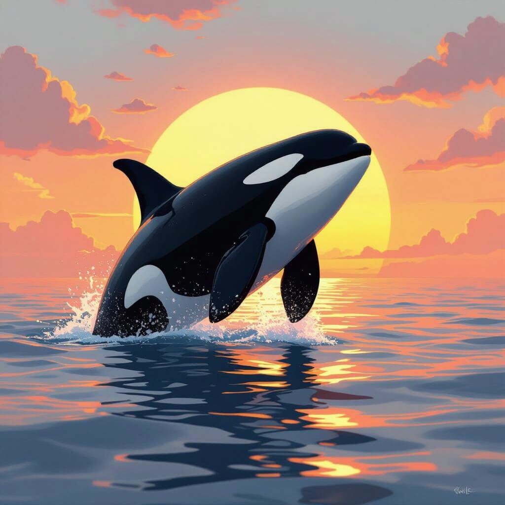 Orca Whale Spyhopping at Sunset: Dreamy Stylized Art