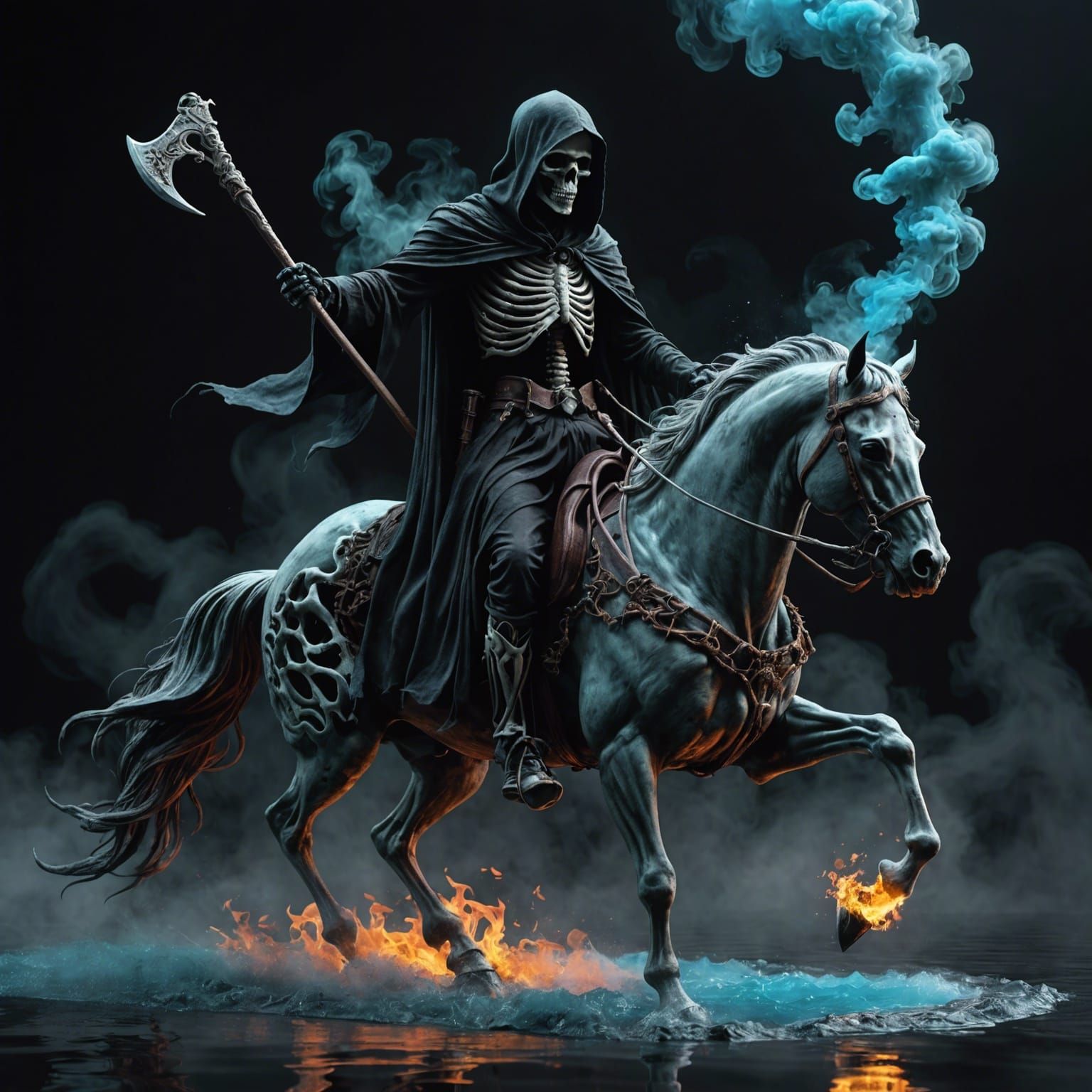 Colorful Grim Reaper Rides a Smoke Horse