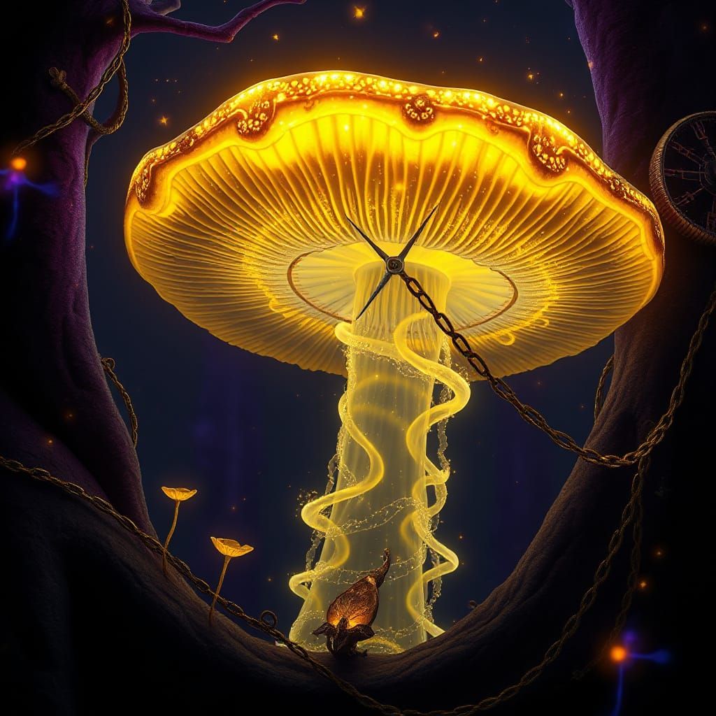 Mystical Bioluminescent Mushroom in Dark Fantasy Landscape