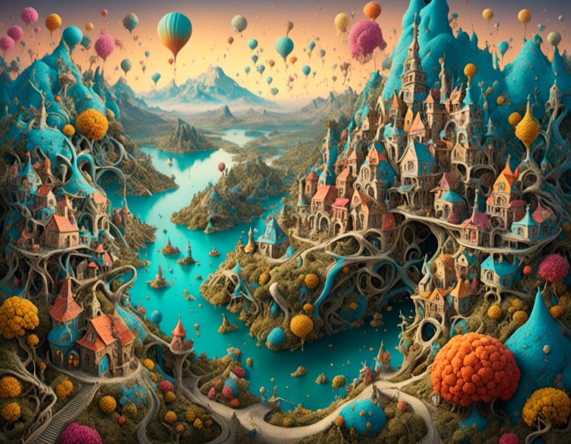 Surreal Mountain Village in Detailed Fantasy Art