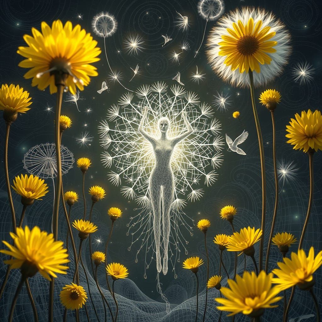 Ethereal Silver Being with Dandelion Balloons