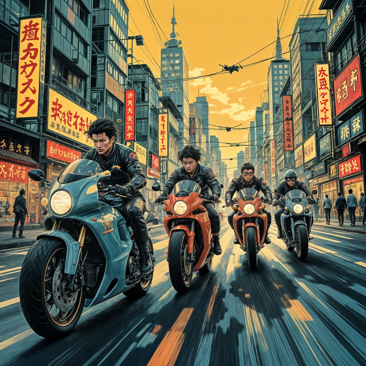 Akira and Friends Fight Government on Motorcycles in Ukiyo-e...