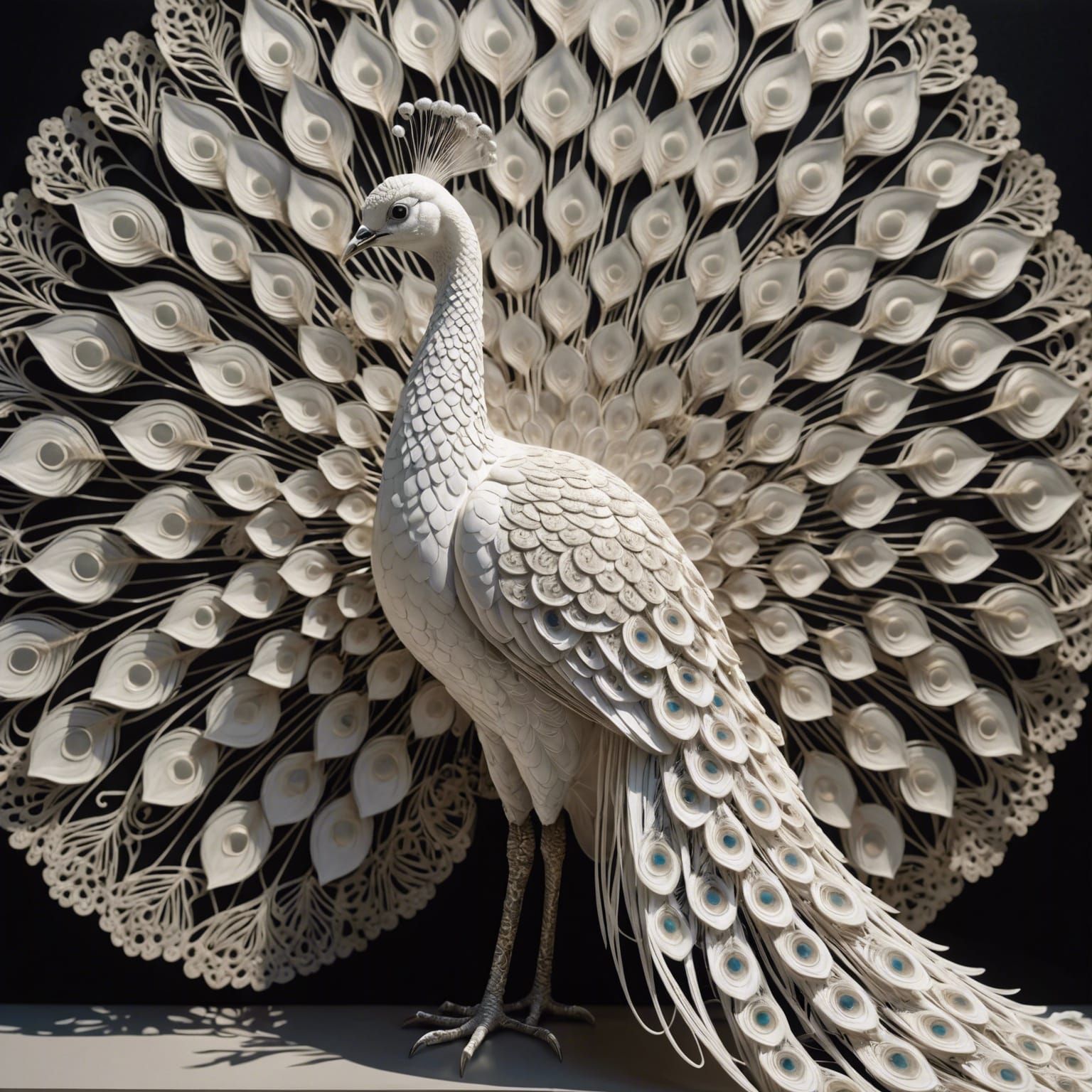 Elegant White Peacock Artwork with Volumetric Lighting