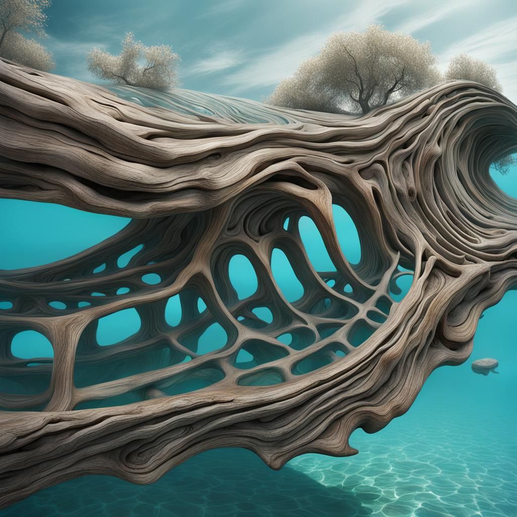 Driftwood Sculpture Floating on Turquoise Water
