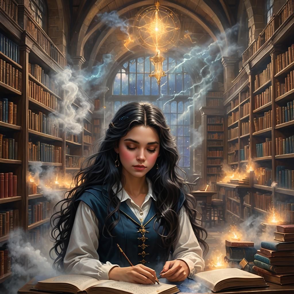 Teenage Wizard Practicing Magic Spells in School Library