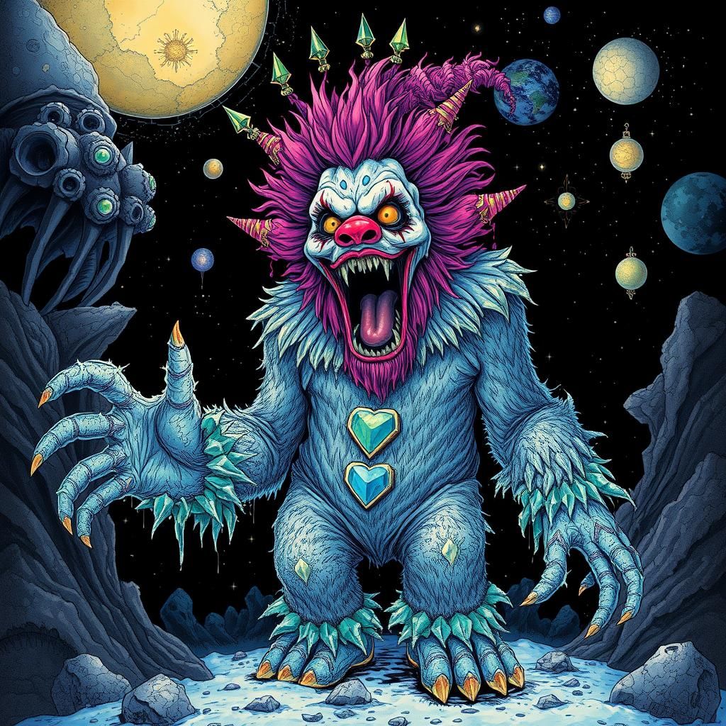 Cosmic Clown Yeti in Dark Fantasy Style