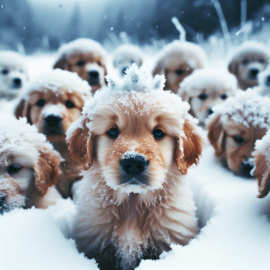 Golden Retriever Puppies in Snow.