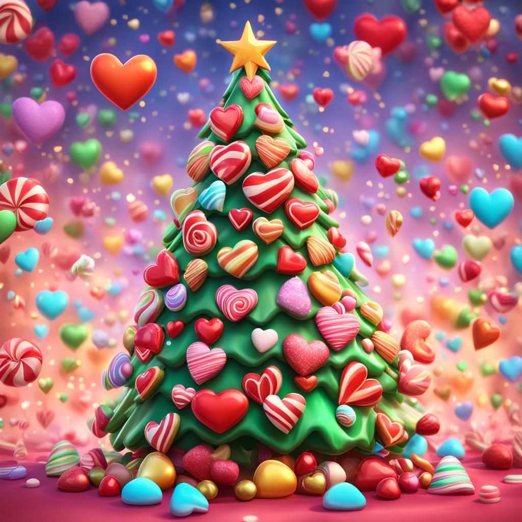 Colorful Hearts on Christmas Tree in Candy Art