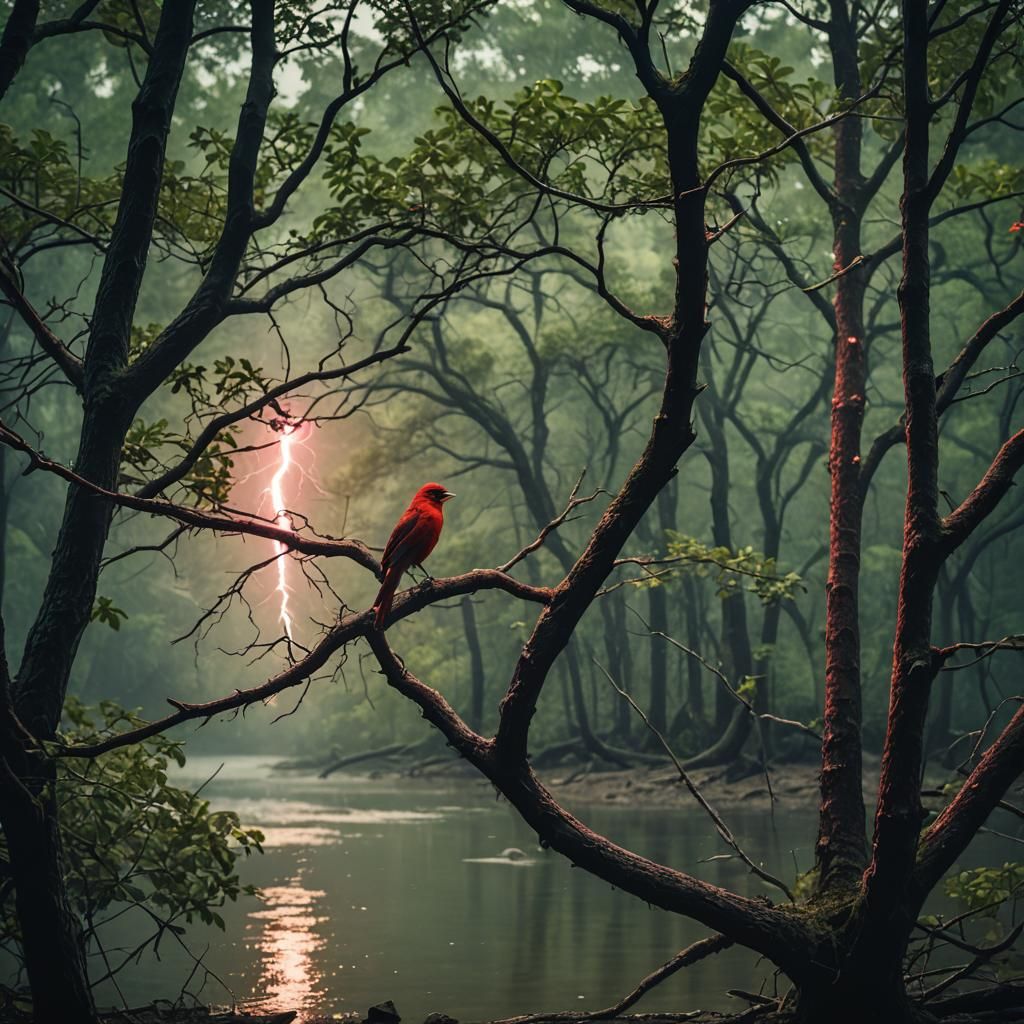 Colorful Bird in Forest with Lightning