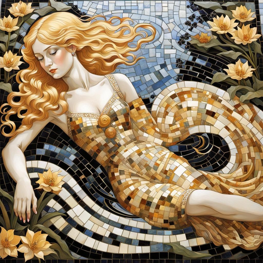 Golden Maiden with Lilies in Art Nouveau Style