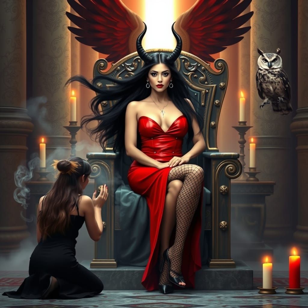 Cyberpunk Goddess in Red Latex Attire, Surrounded by Worship...