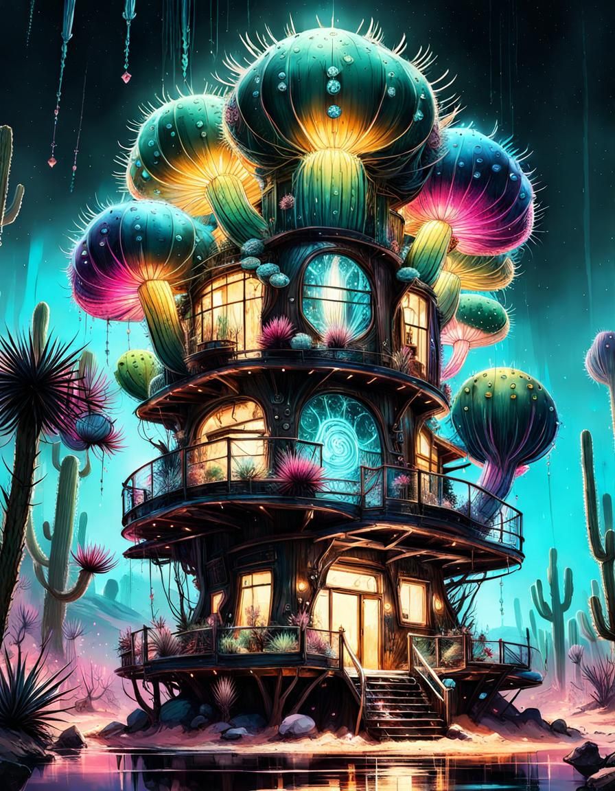 Bioluminescent Cactus Treehouse in a Cyberpunk Style