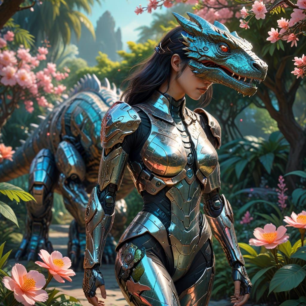 Asian Woman and Robot with Komodo Dragon in Garden