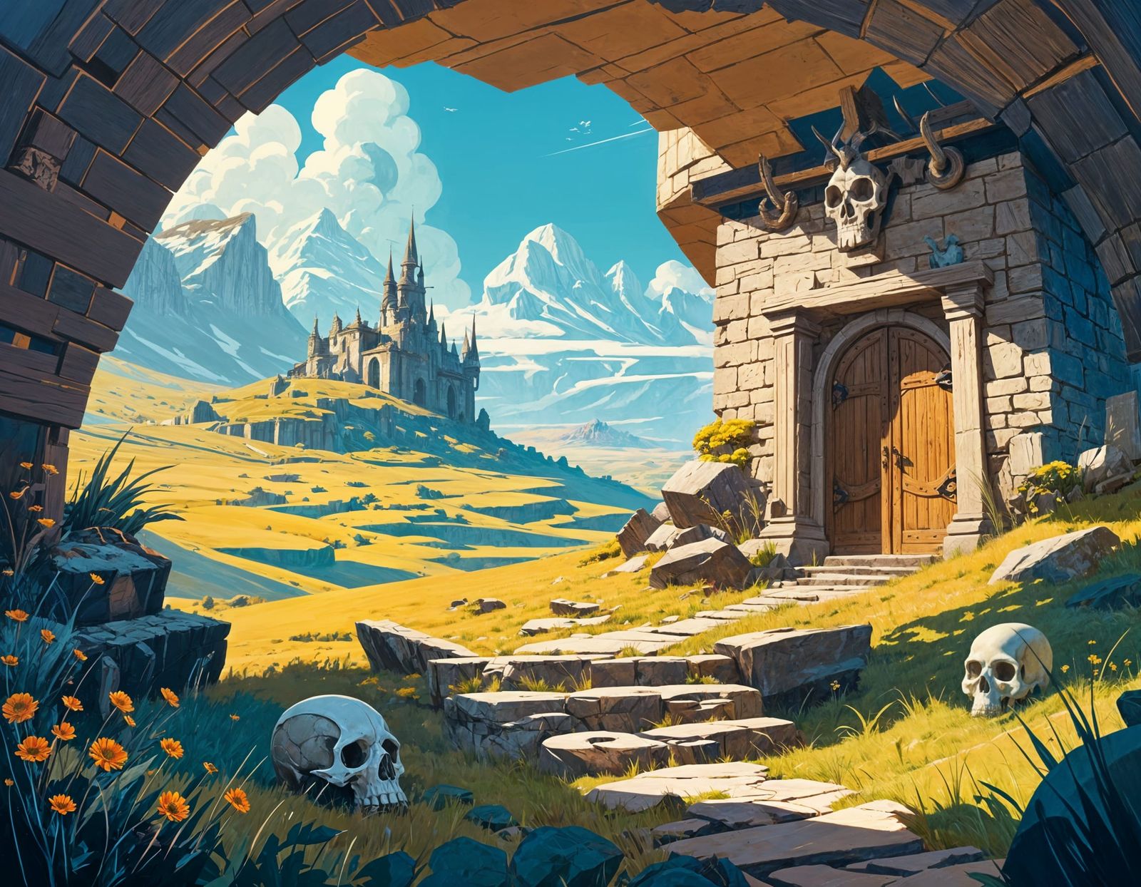 Skull Door in Grassy Landscape, Dark Fantasy Art
