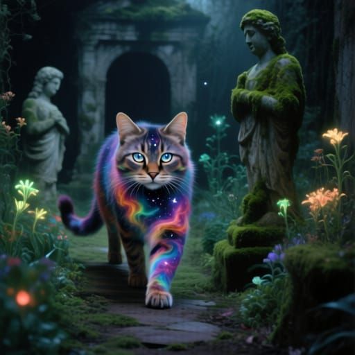 Spectral Cat in Enchanted Garden, Surreal Cinematic Realism