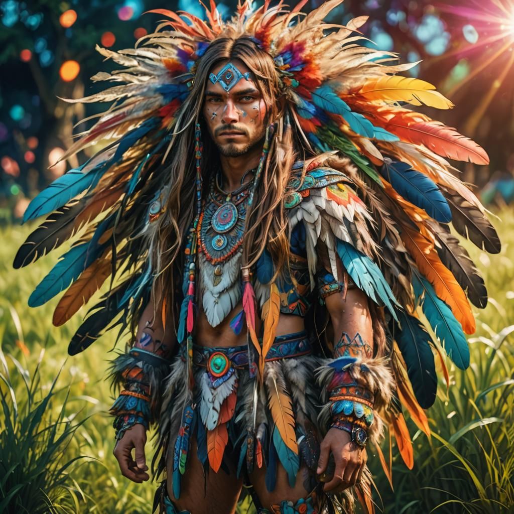 Psychedelic Character Portrait with Feathers and Grass