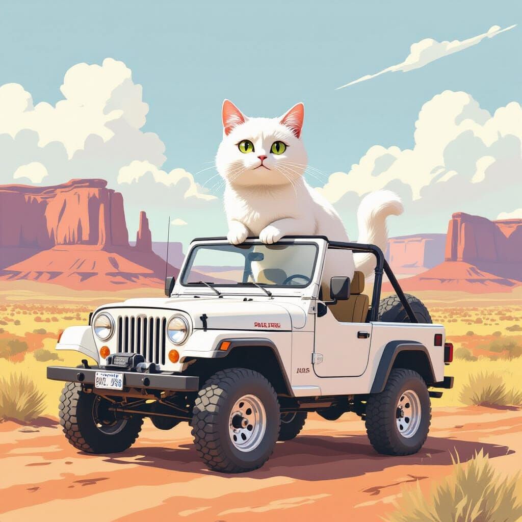 White Cat on Jeep in Monument Valley, Watercolor Style
