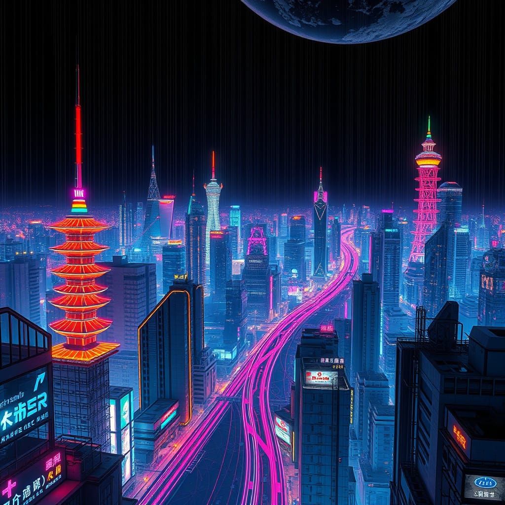 Retrofuturistic Oriental Cityscape in Neon-Lit Splendor