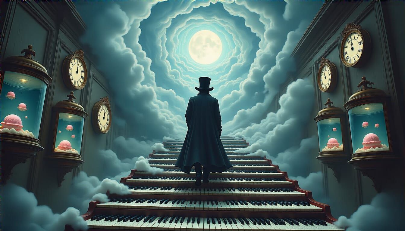 Surreal Figure Ascending Piano Key Staircase