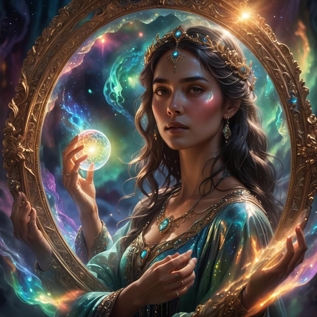 Mystical Woman with Glowing Mirror Concept Art