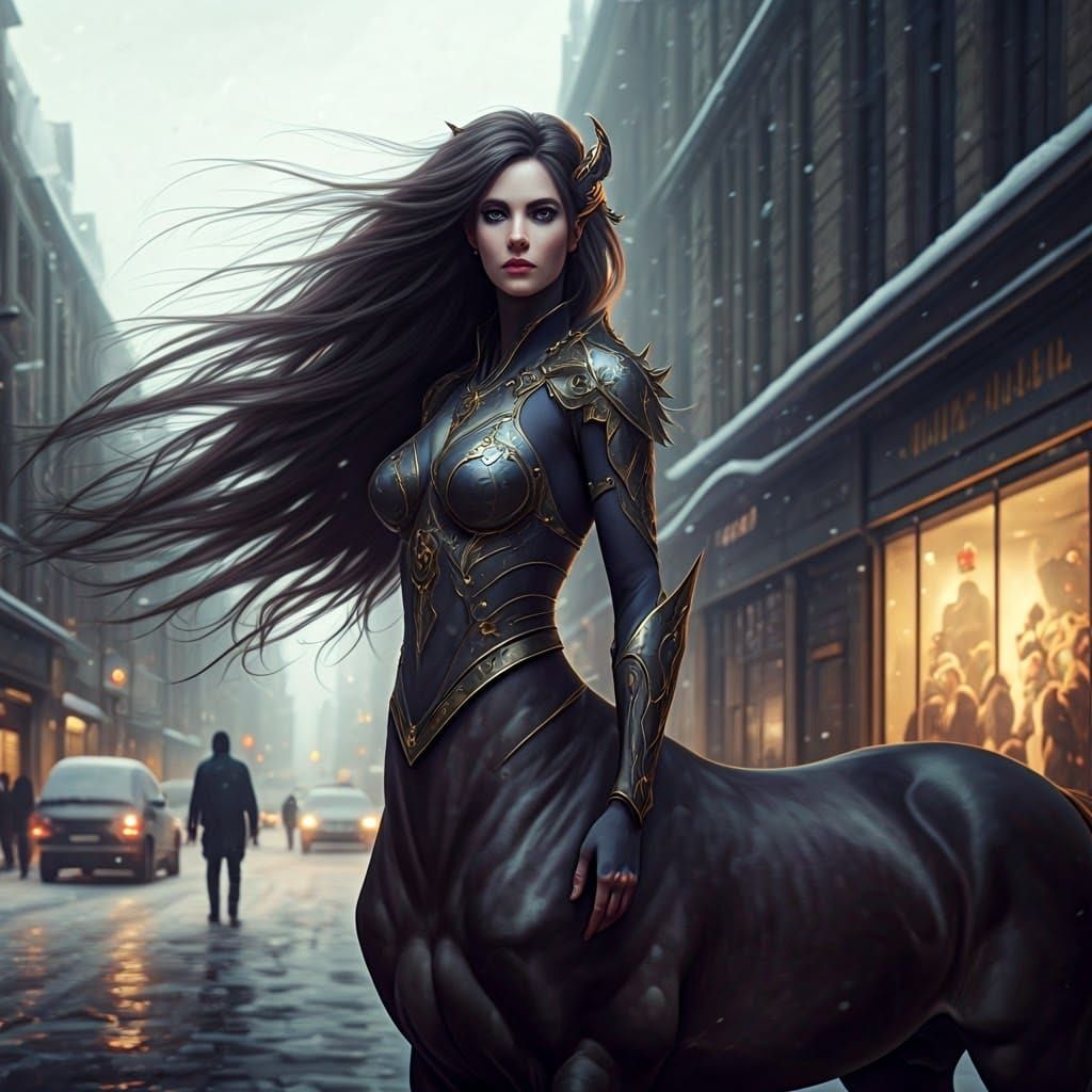 Female Centaur in Snowy City: Hyperrealistic Art