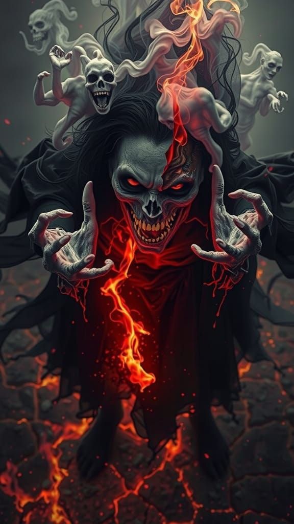 Zombie Witch Above Swirling Fire and Smoke