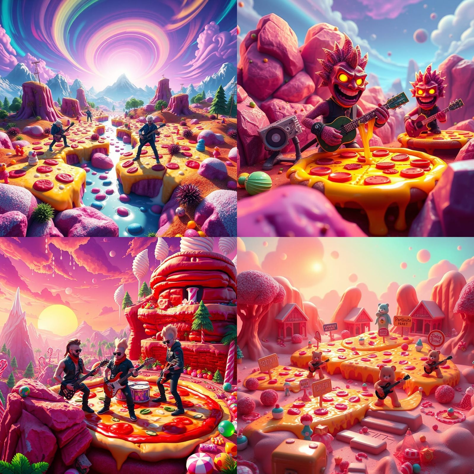 Whimsical Pizza Land with Rock People in Candy Art