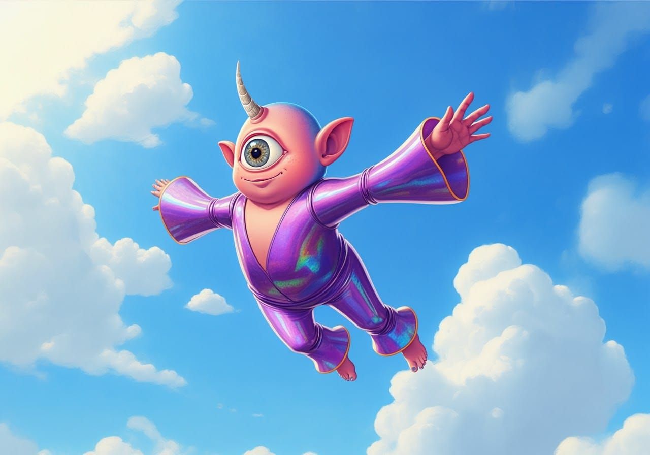 One-Eyed Purple Creature Flies Through Sunny Sky
