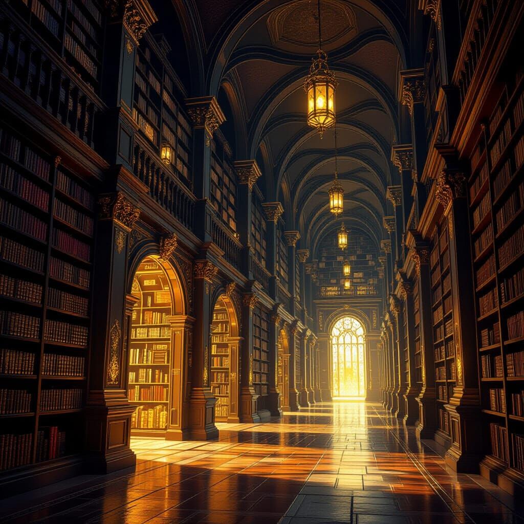 Ancient Library with Glowing Portals to Mysterious Worlds