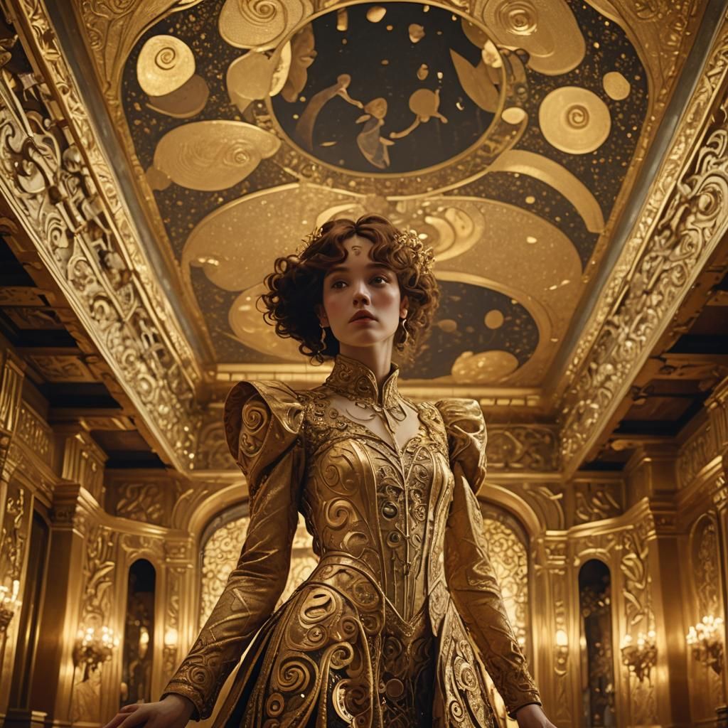 Regal Figure in Gold Chamber, Art Nouveau Style