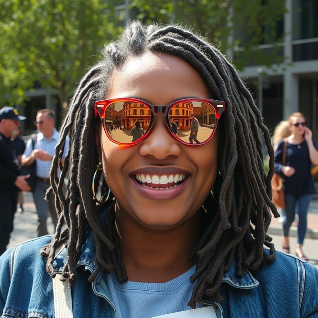 Smiling Woman Selfie in Sunglasses and Denim Jacket