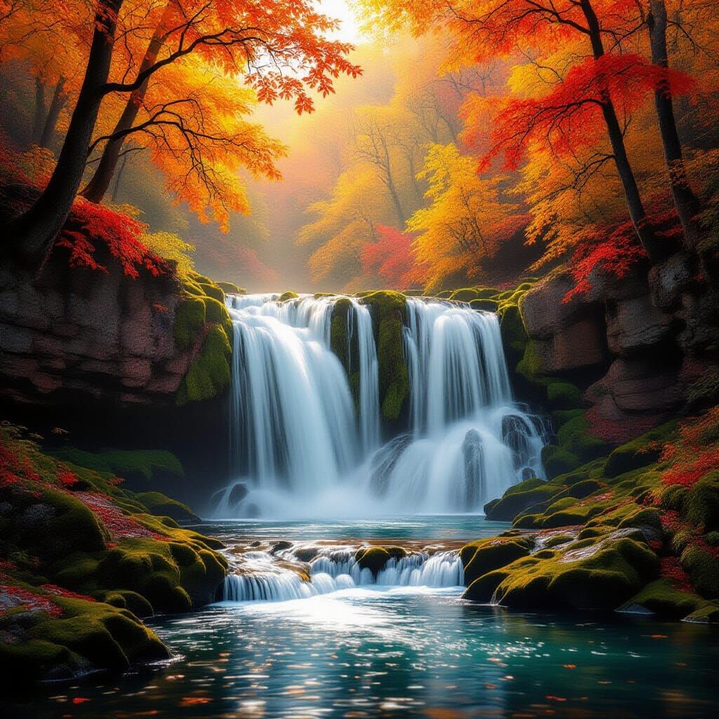 Golden Autumn Waterfall in Impressionistic Style