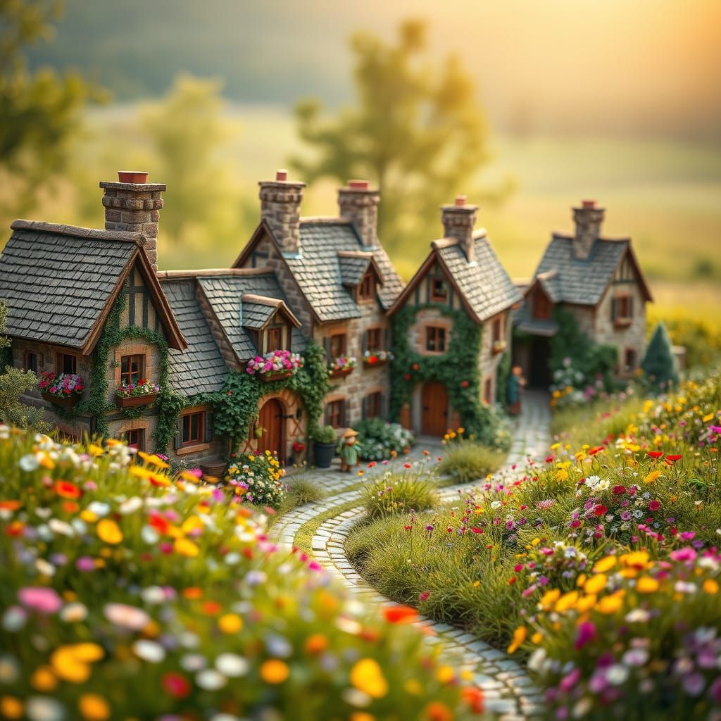 Quaint Medieval Village Nestled in a Vibrant Meadow