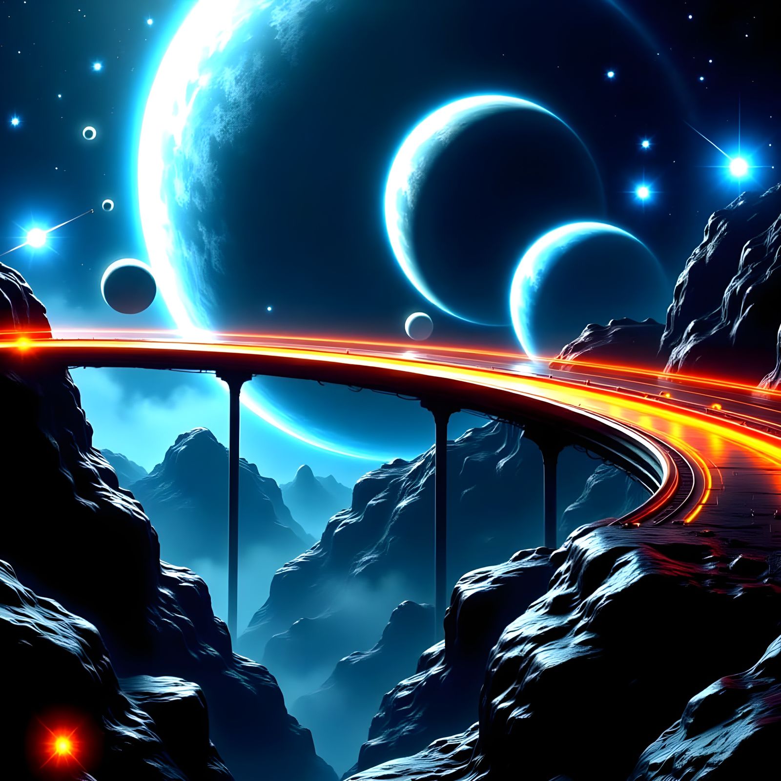 Cosmic Bridge Over Alien Terrain in Sci-Fi Style