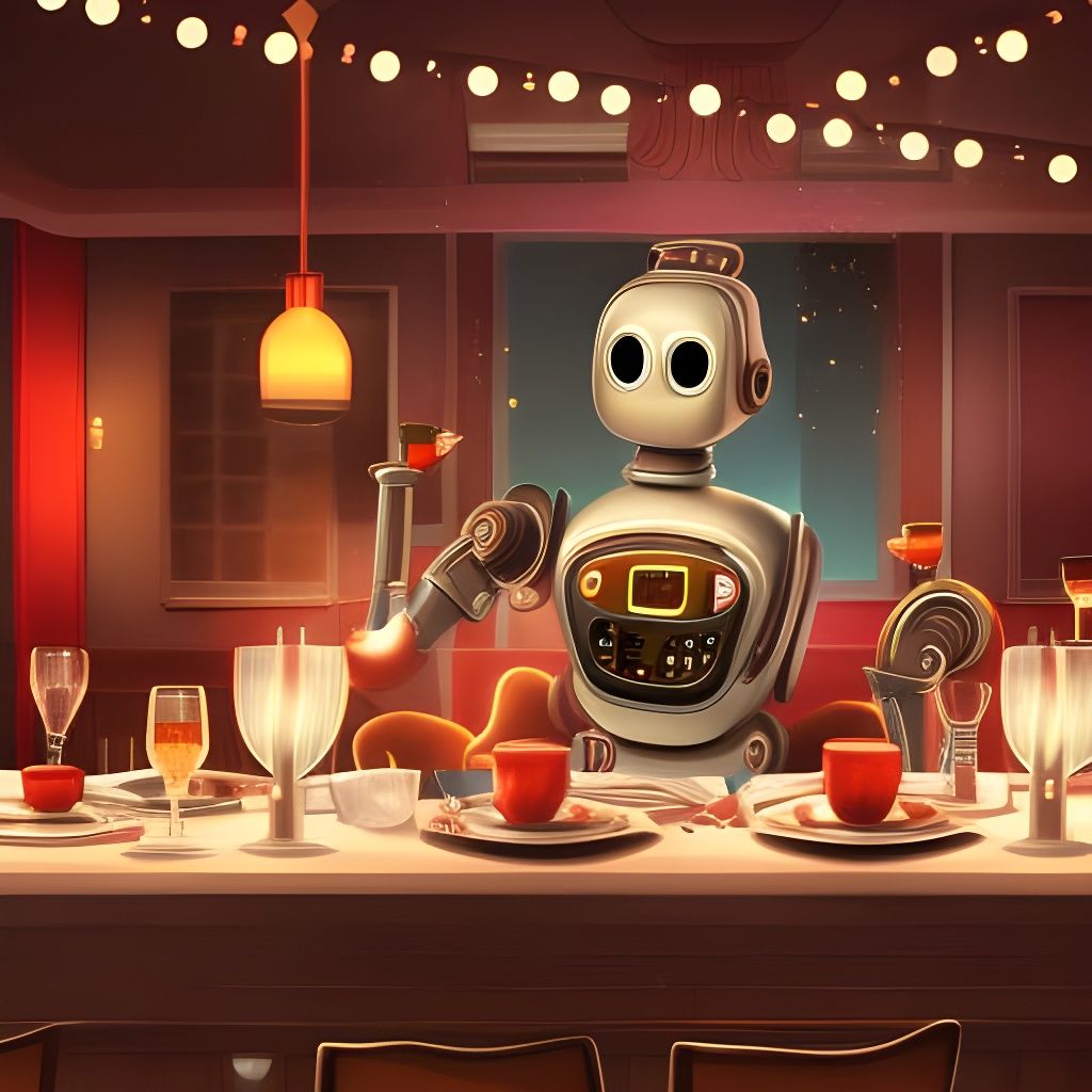 Robot Waitress in Romantic Restaurant: Digital Illustration