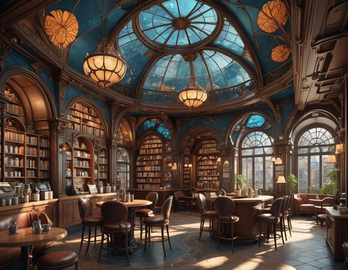 Art Nouveau Coffee Shop Interior with Vaulted Ceilings
