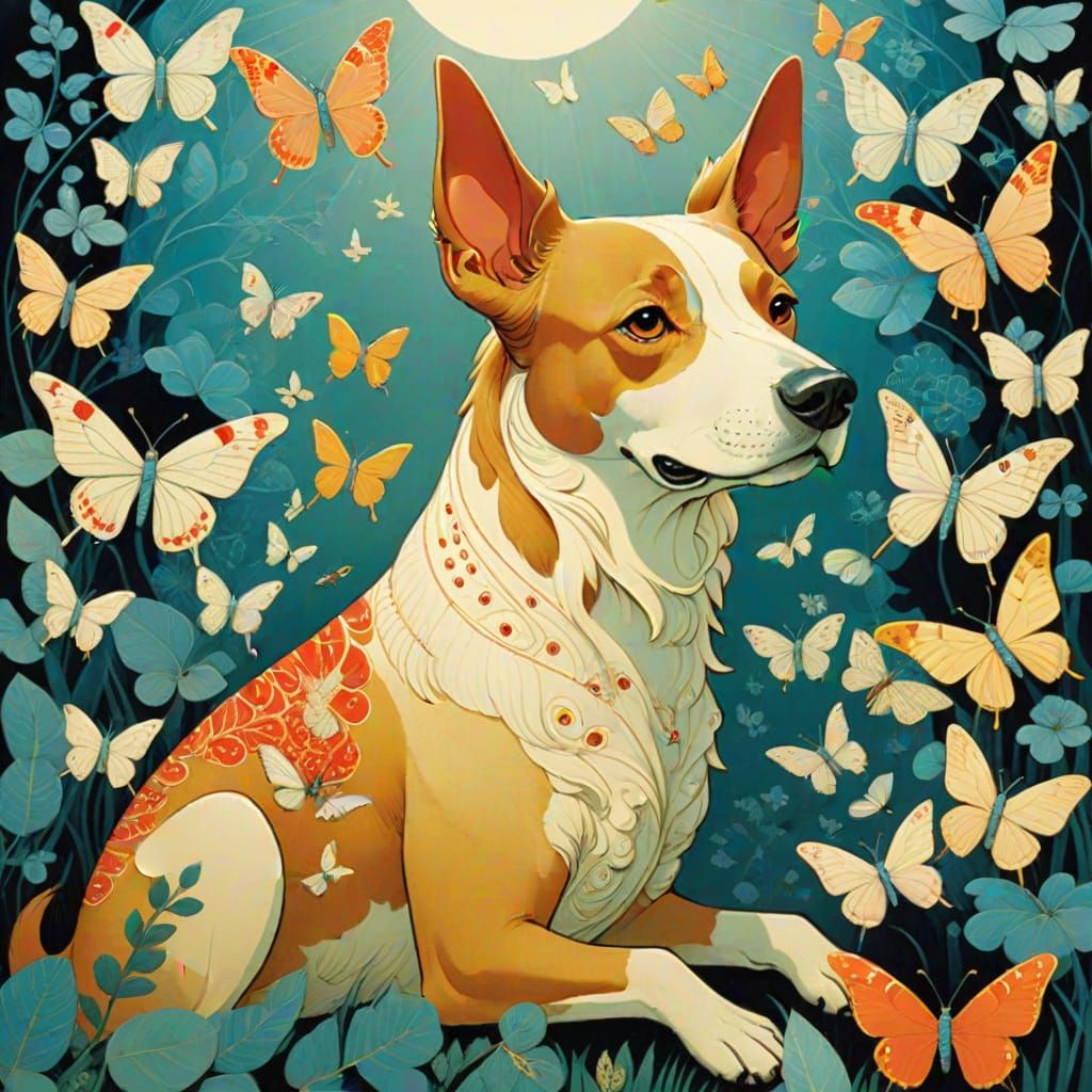 Dog and Butterfly in Psychedelic Illustration Style