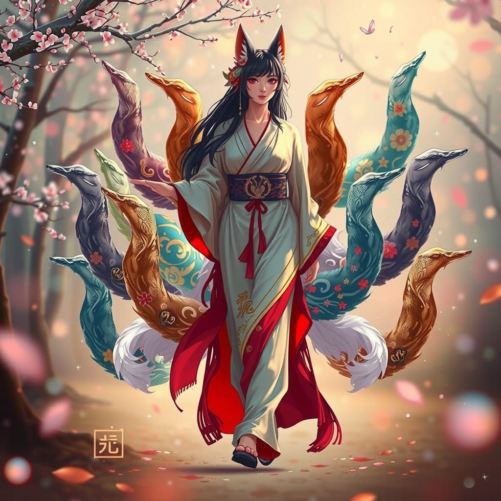 Mystical Kitsune Goddess in Cherry Blossom Forest