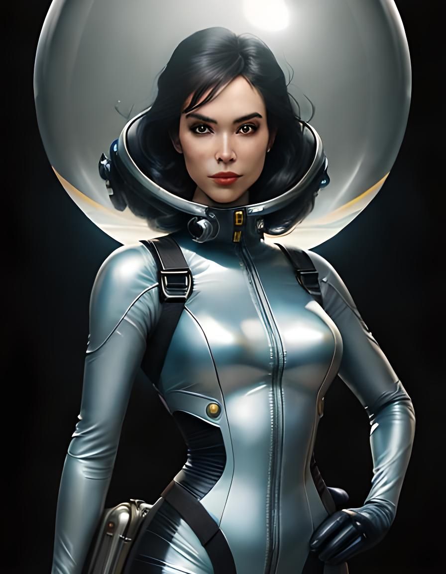 Retro Sci-Fi Pinup in Transparent Spacesuit