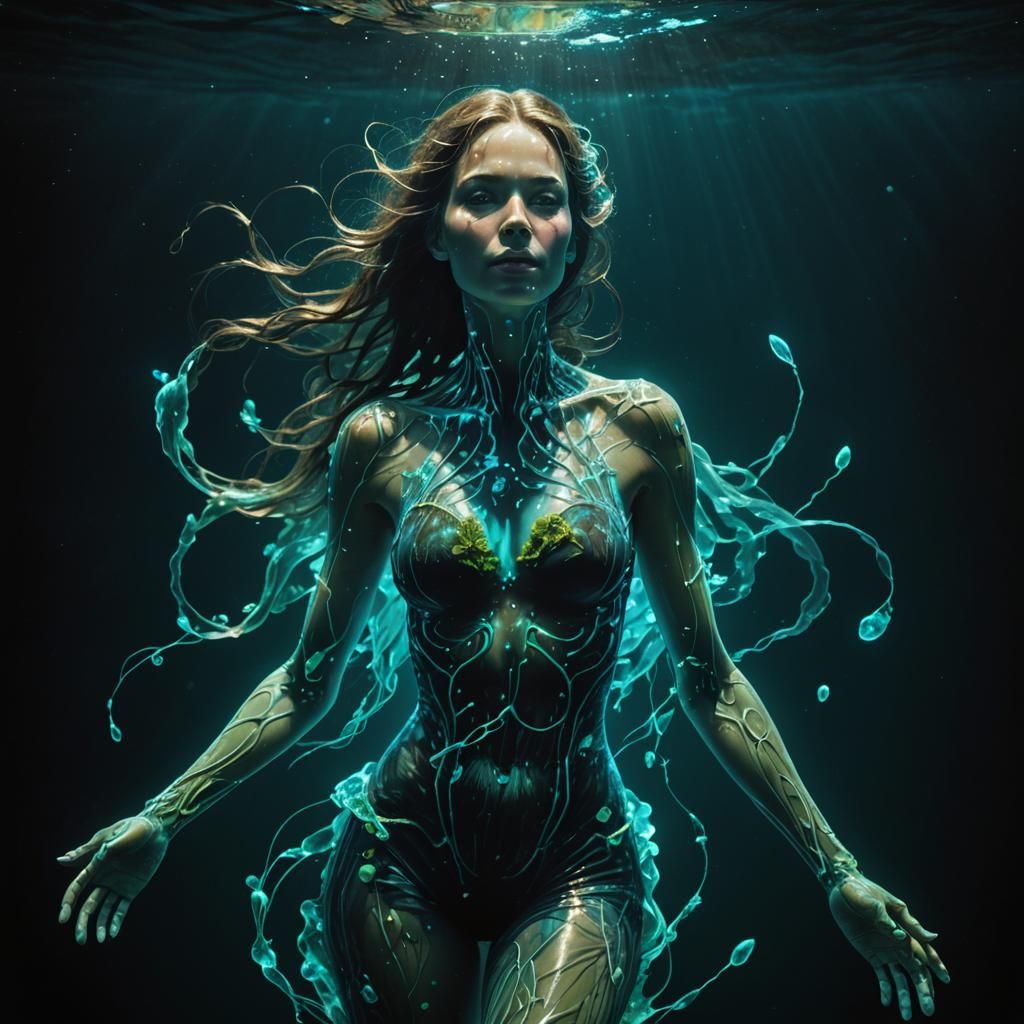 a bioluminescent lady submerged in dark waters, her glowing body casting a stunning blue-green light that stands out aga...