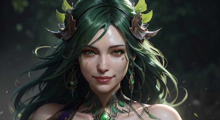 Smiling Woman with Leaf Hair: Detailed Digital Portrait