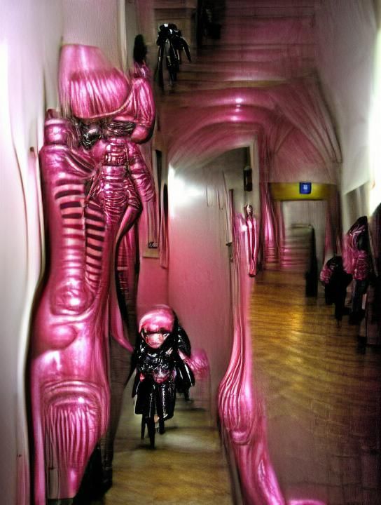Demonic Pink Doll in Giger-esque Corridor